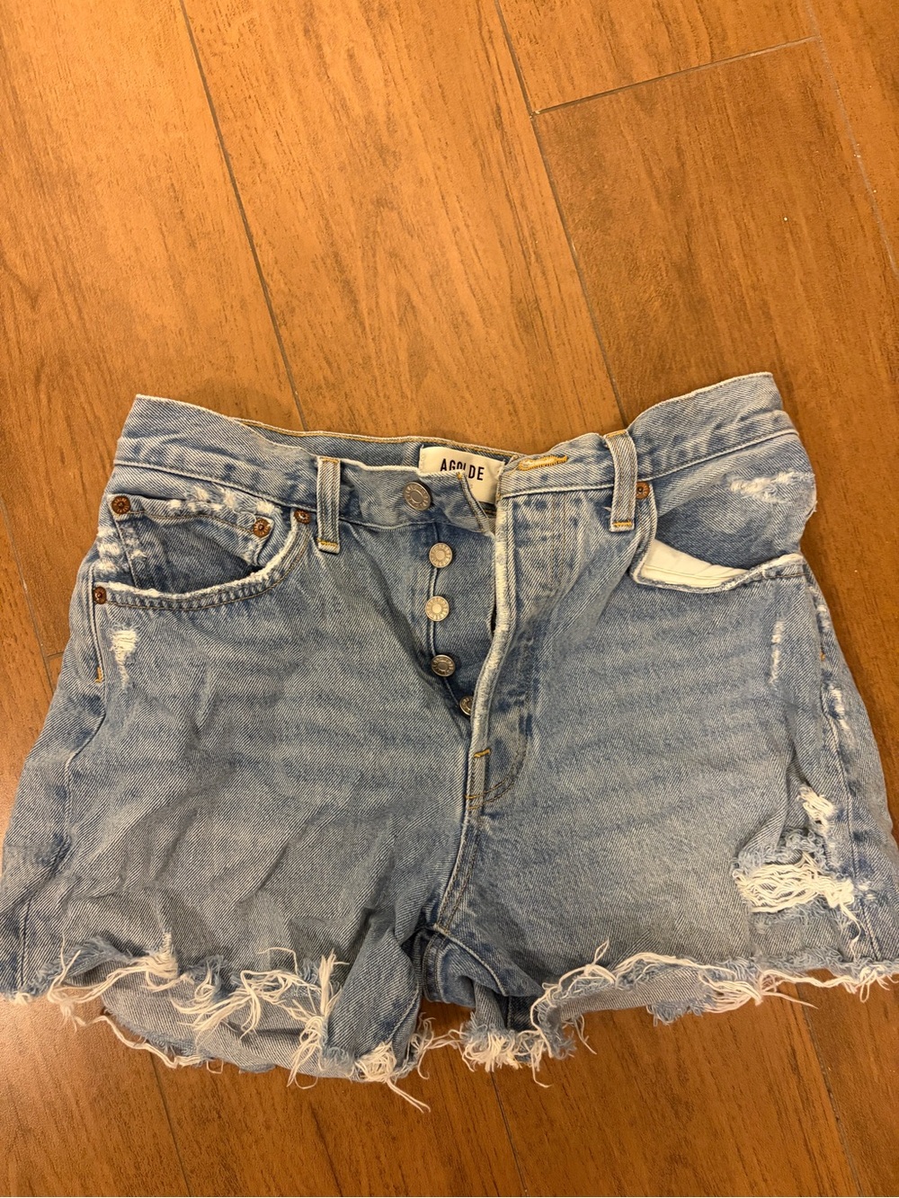Agolde Light Blue Distressed High-Rise Denim Shorts - Picture 2 of 2